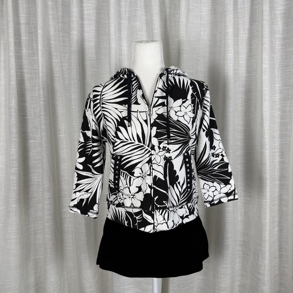 Onque Petite Hoodie Jacket Womens PS Black Floral Full Zip Studded 3/4 Sleeve